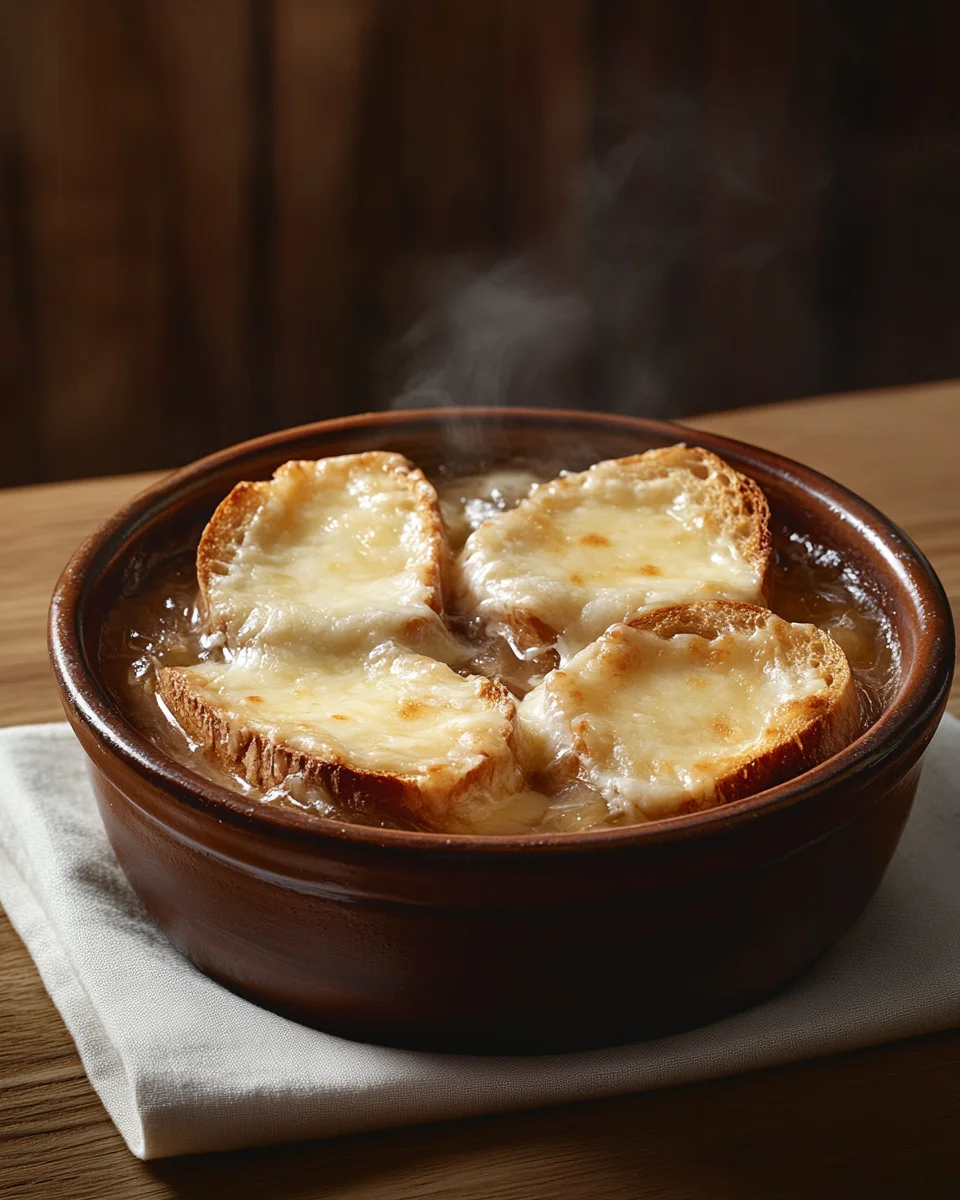  French onion soup with a melted gruyere cheese topping.