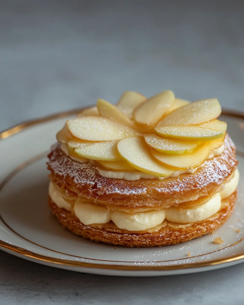 : Overhead view of a beautiful Japanese apple crumble tart with a golden crust.
