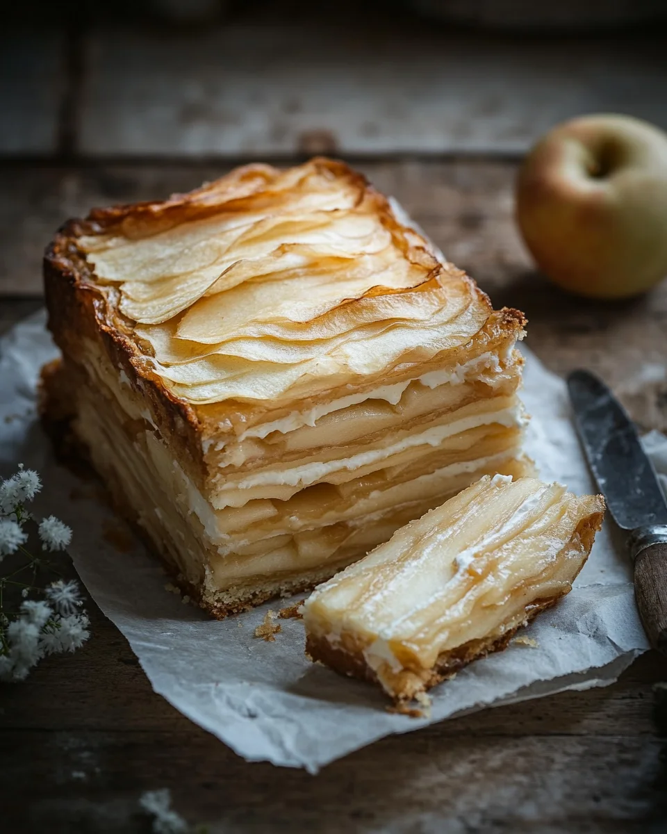 Spiced invisible apple cake with a dusting of powdered sugar.