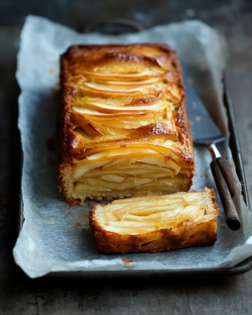 Overhead view of a whole invisible apple cake on a white marble background.