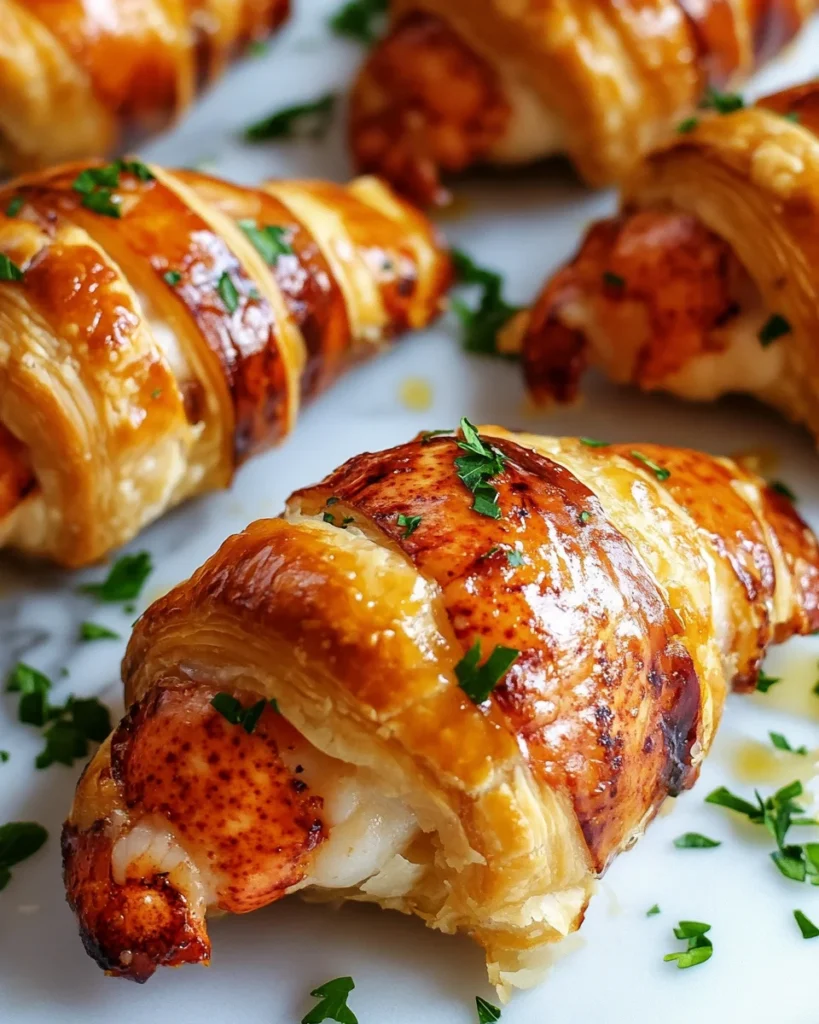 Close-up view of the flaky layers of a lobster tail pastry.