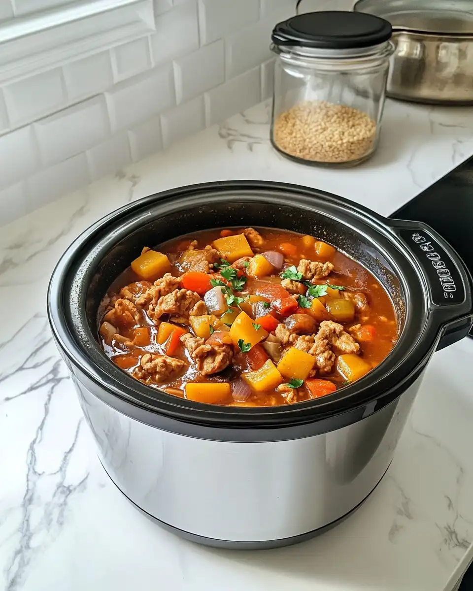 Easy crockpot meal of beef stew in a white ceramic pot.