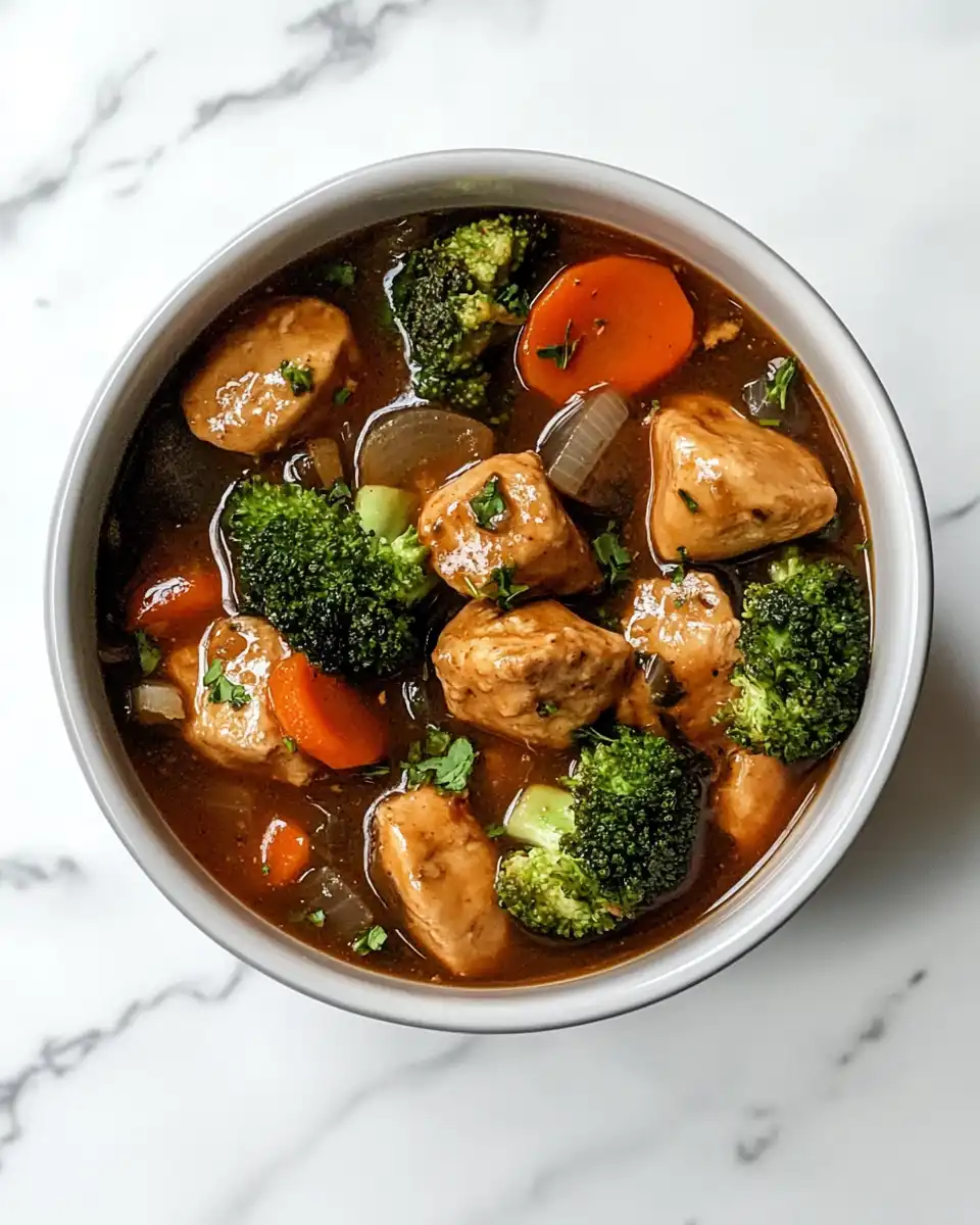 A hearty easy crockpot meal of chicken and vegetables, top-down view.