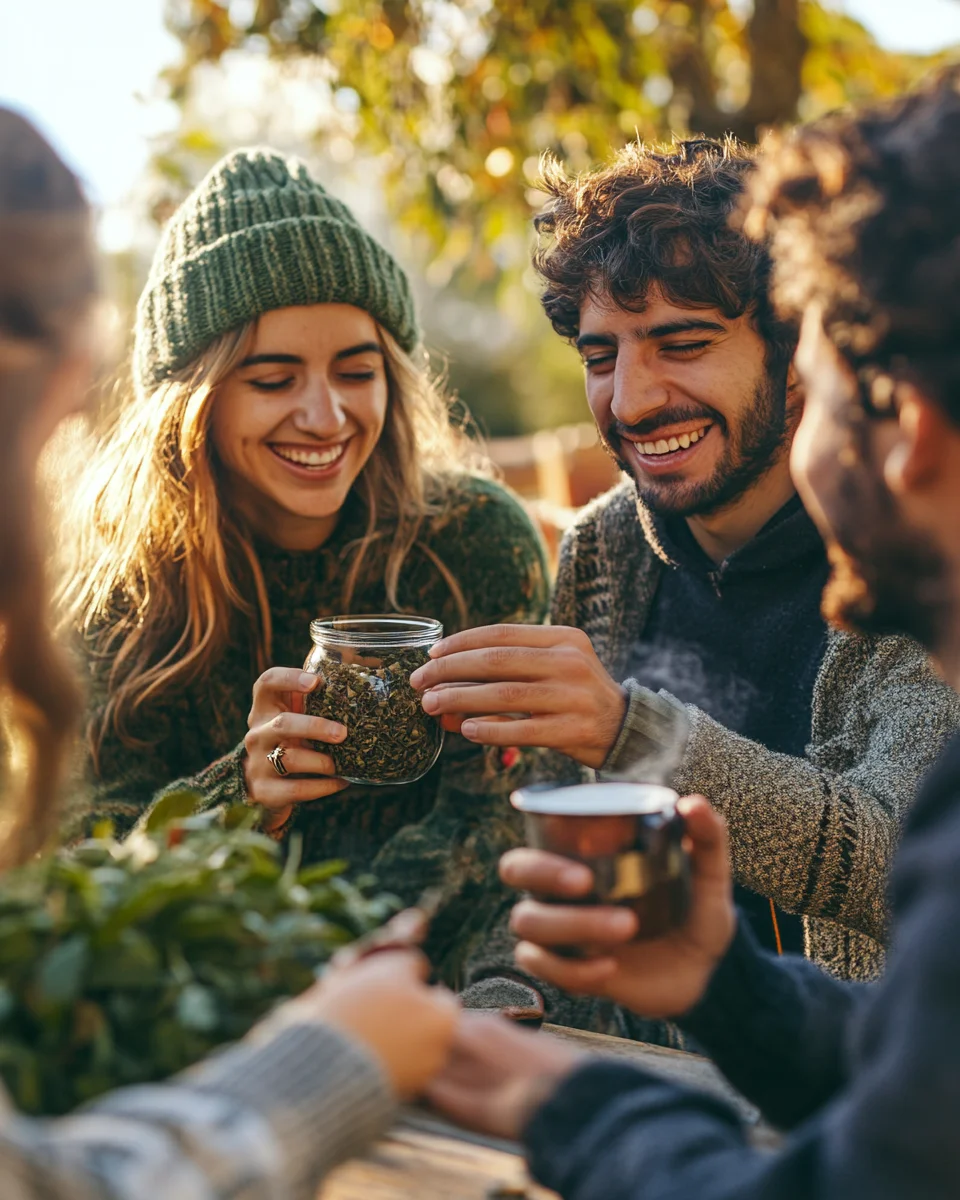 group of friends sharing yerba mate tea outdoors