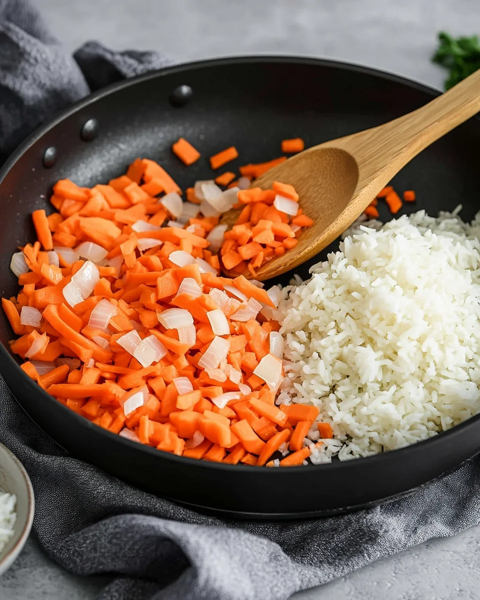 Chopped carrots, onions, and white rice in a skillet with a wooden spoon, ready for cooking.