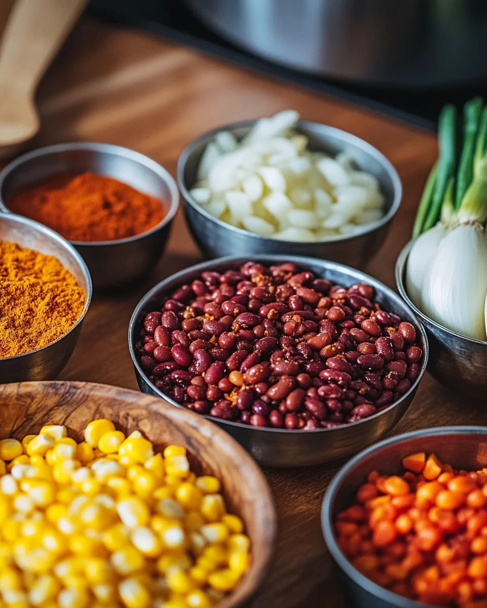 Ingredients for taco soup frios, including beans, corn, onions, spices, and vegetables, arranged in bowls on a wooden surface.