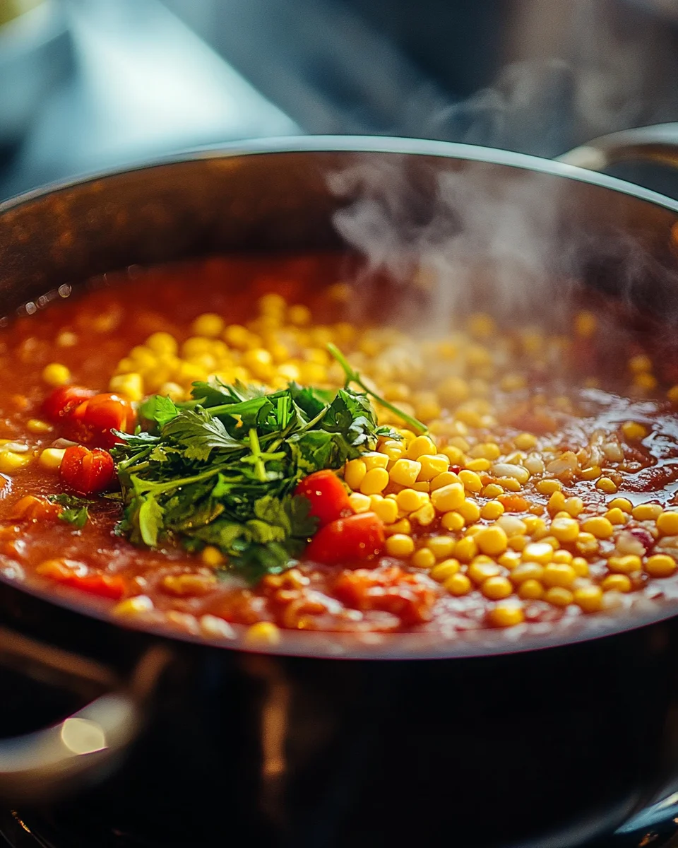 A steaming pot of taco soup frios with corn, tomatoes, and fresh cilantro simmering on the stovetop.