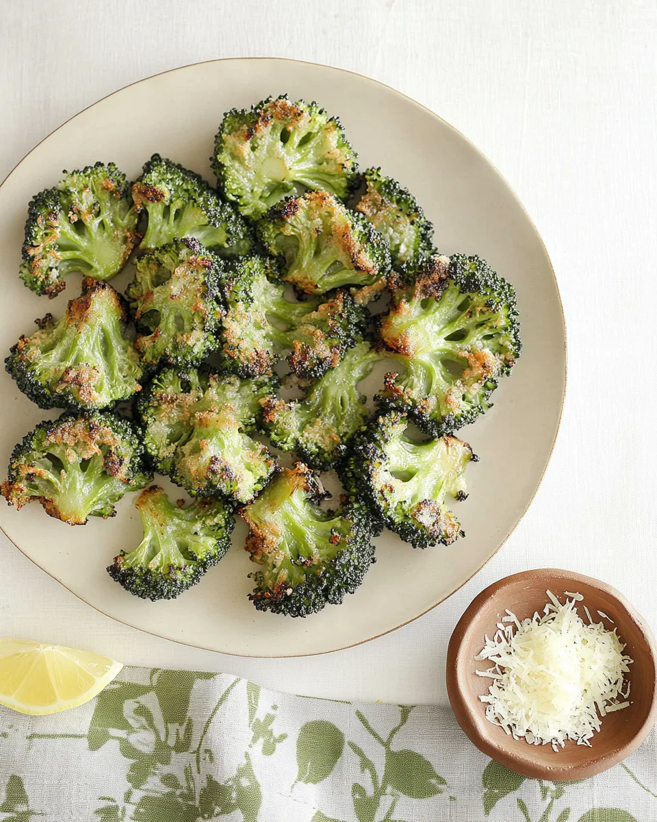 Overhead shot of a plate of smashed broccoli garnished with parmesan cheese.