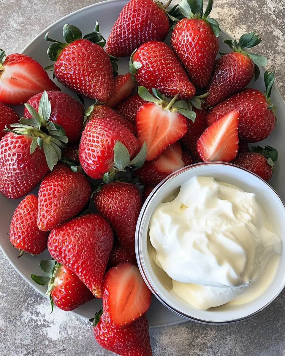 Bowl of strawberries drizzled with cream