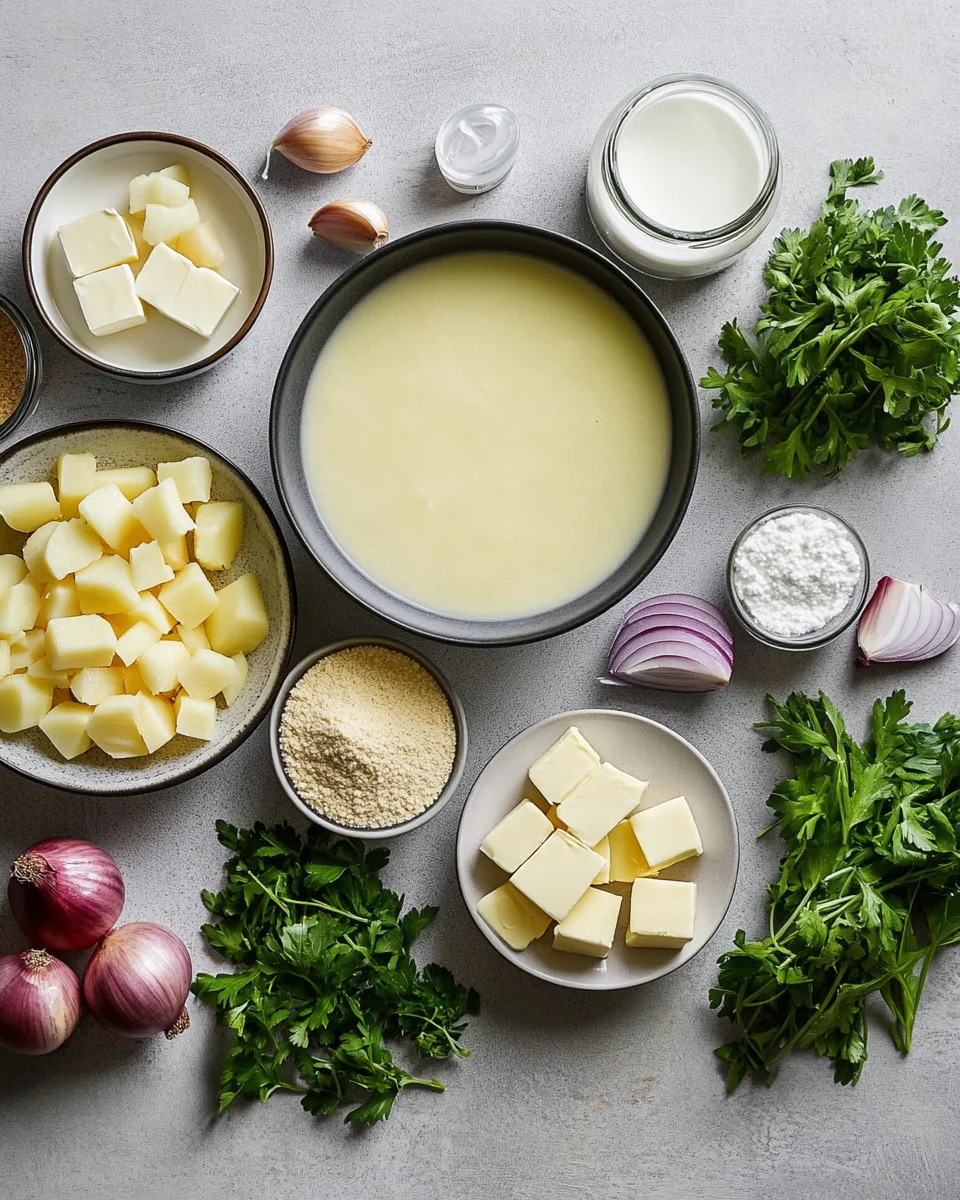 Overhead view of ingredients for benignis potota soup recipe on a white marble surface.