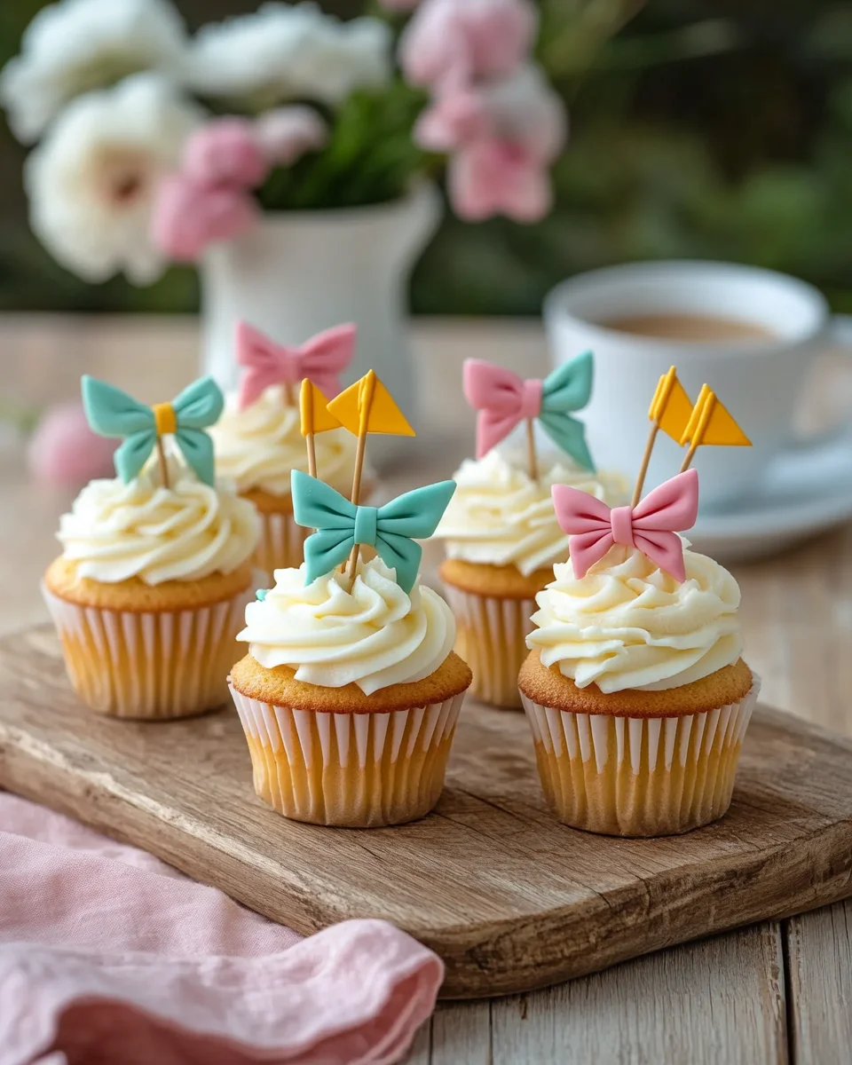 bow arrow cupcakes recipe displayed on a white marble surface.