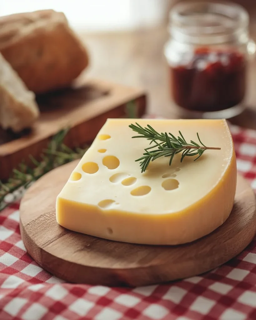 Close-up of a slice of gruyere cheese.