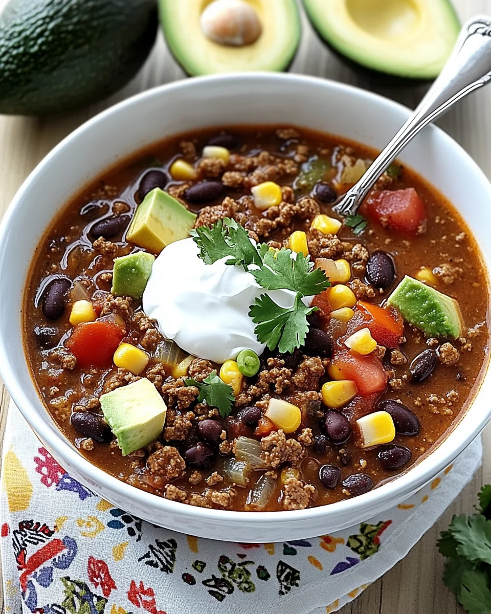 A bowl of taco soup frios topped with sour cream, diced avocado, cilantro, and a mix of beans, corn, and ground beef.