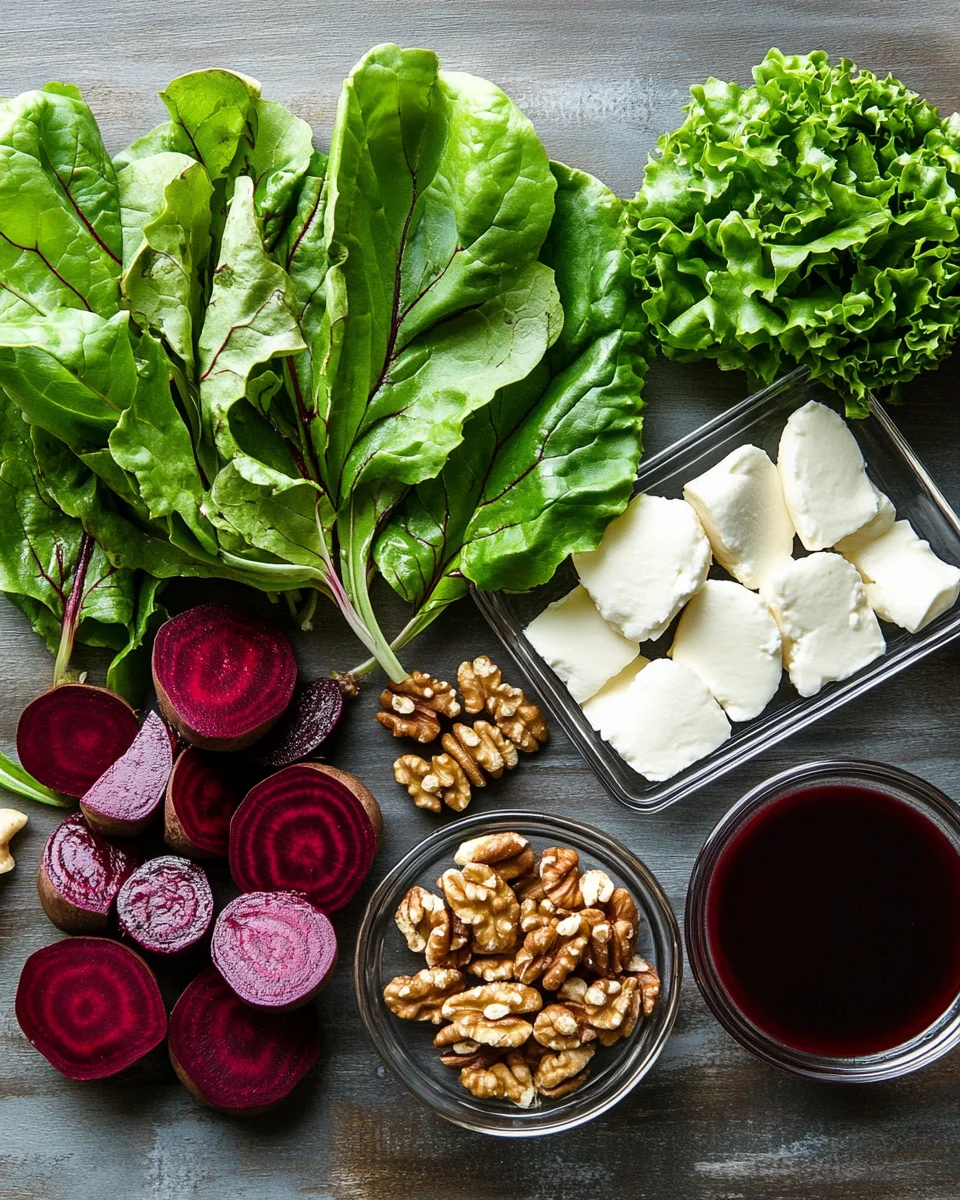 Close-up of Balthazar beet salad components