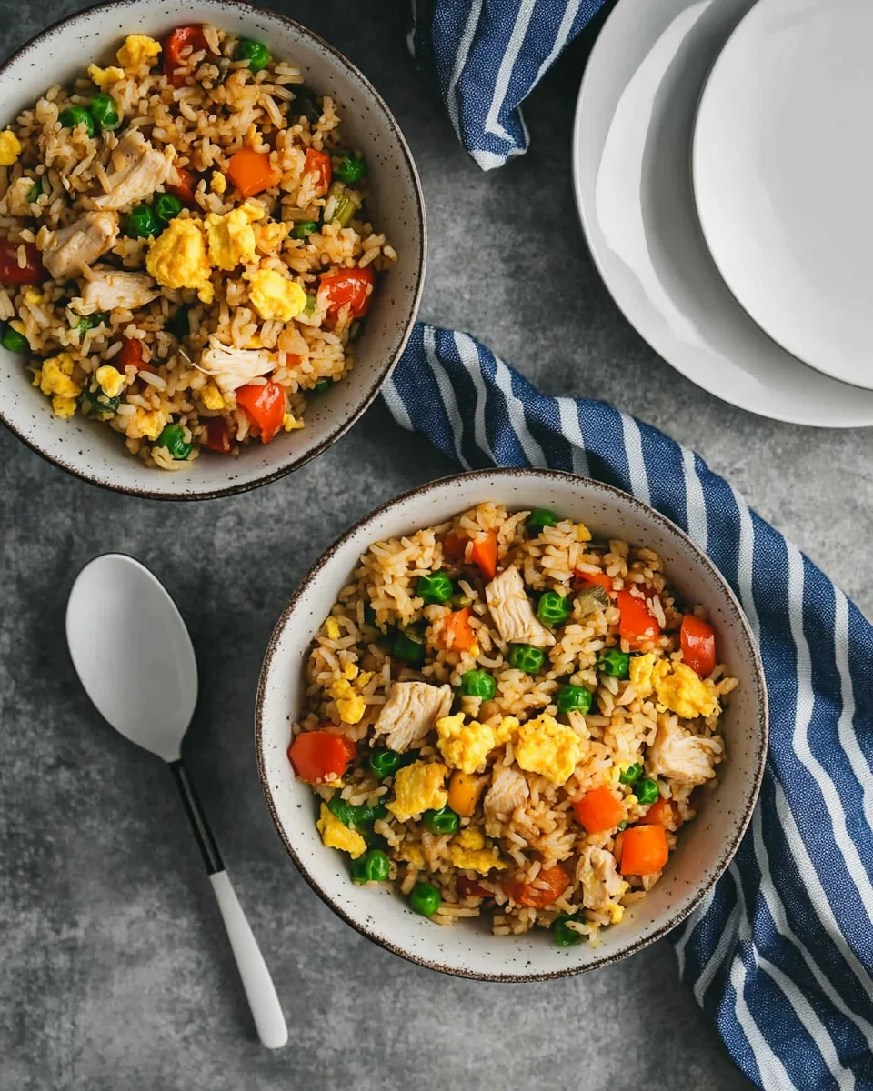 Two bowls of chicken fried rice with vegetables, eggs, and a striped napkin alongside plates and a spoon.