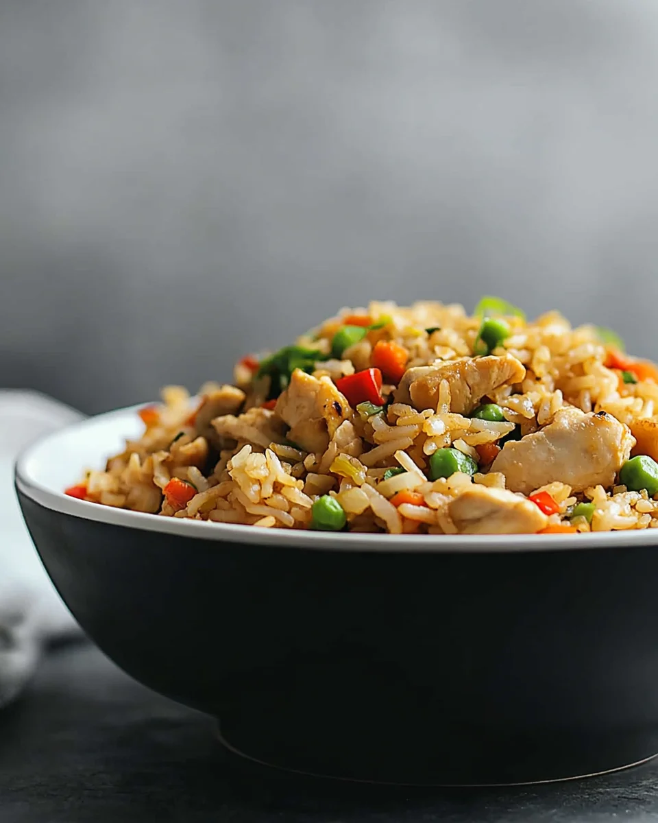 Close-up of a bowl of chicken fried rice with vegetables like peas, carrots, and bell peppers.