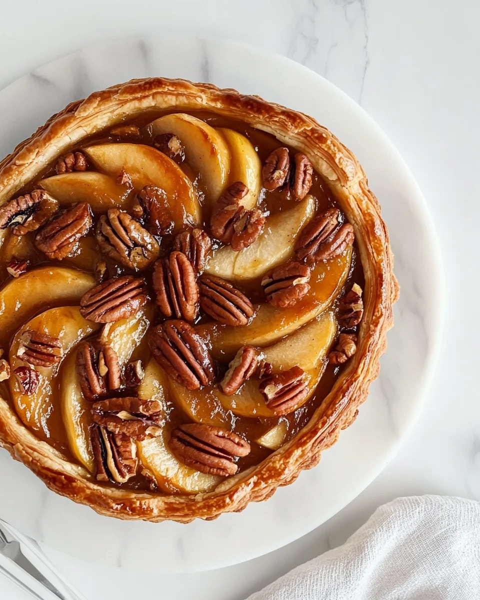 Apple and pecan danish pastry tart on a white marble background.