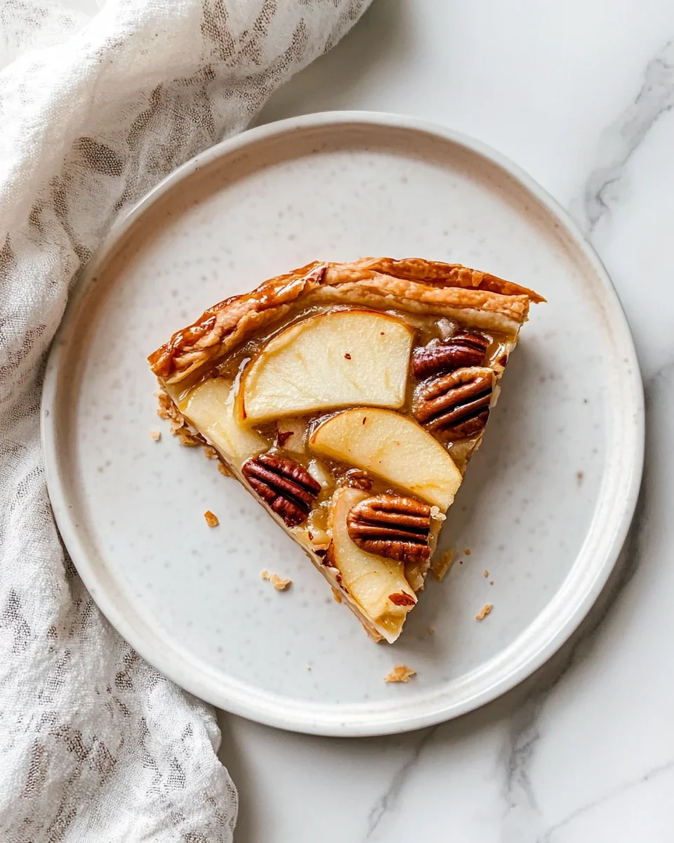  A slice of apple and pecan danish pastry tart on a white marble plate.