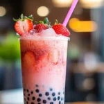 A close-up of homemade strawberry boba tea in a bright, modern kitchen.