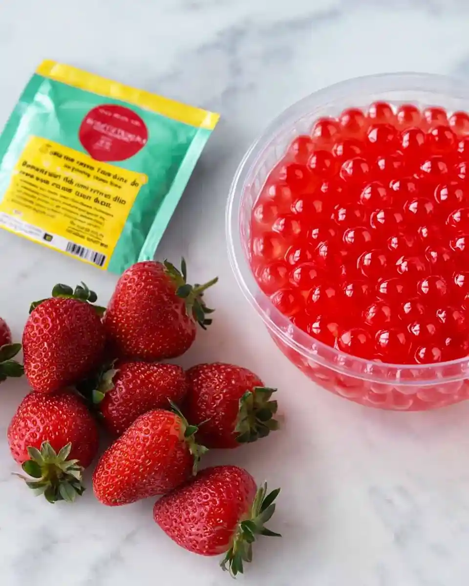 A close-up of homemade strawberry boba tea in a bright, modern kitchen.