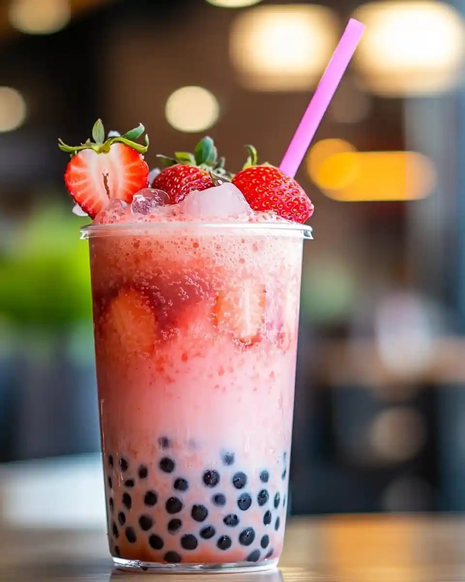 A close-up of homemade strawberry boba tea in a bright, modern kitchen.