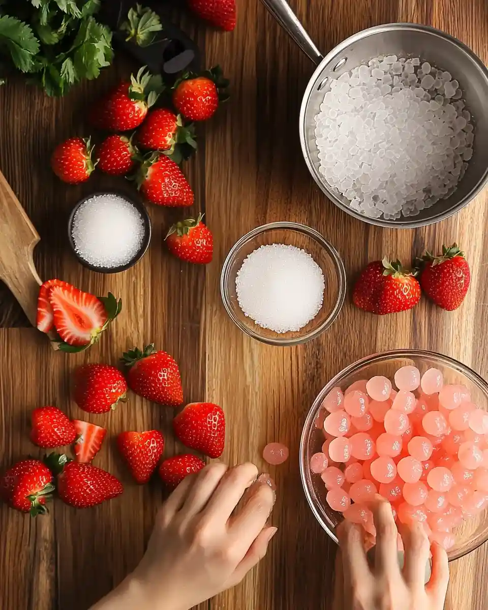 Homemade strawberry tapioca pearls being shaped and prepared.