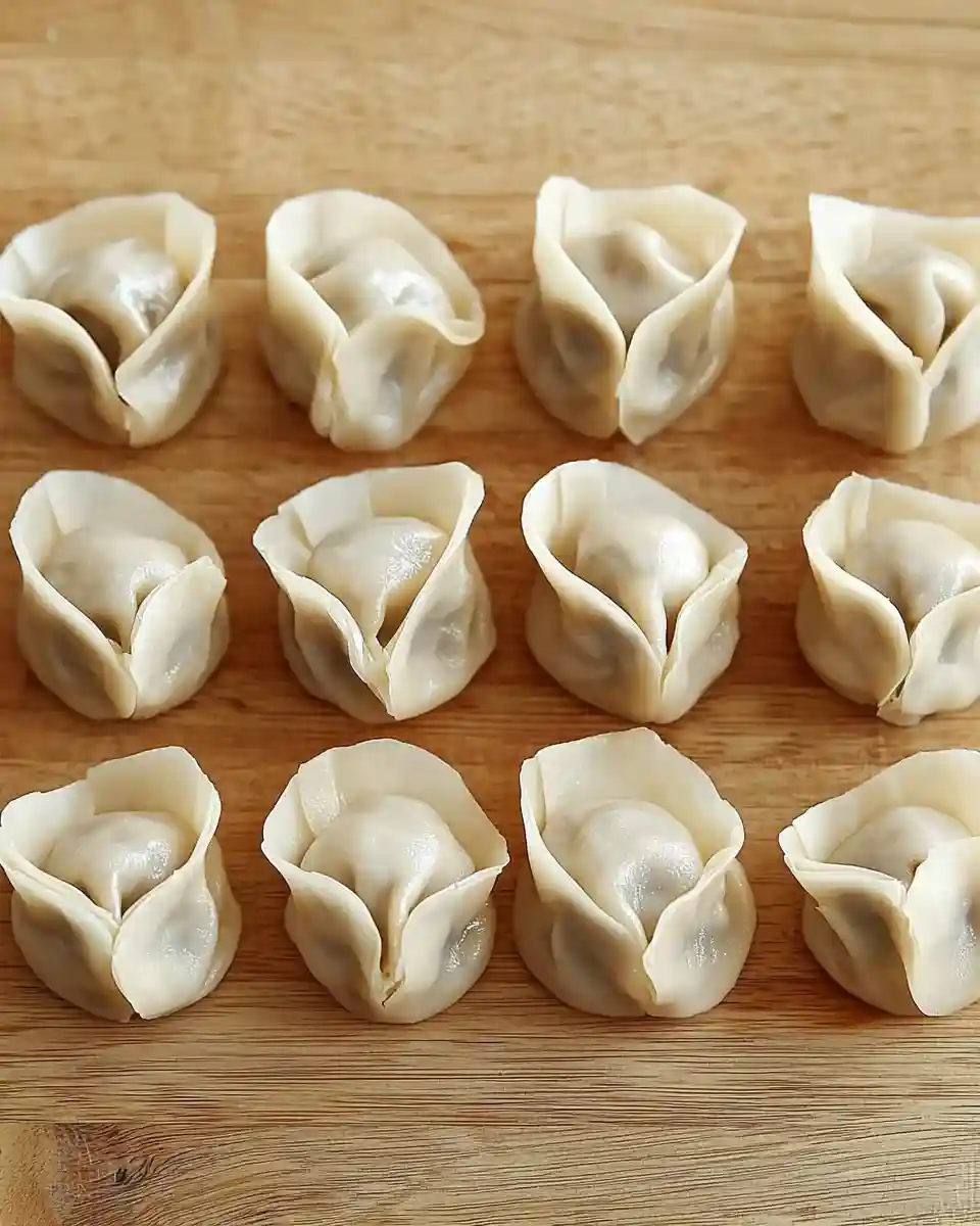 Homemade wontons neatly arranged on a wooden cutting board