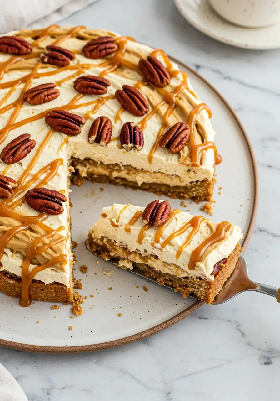 Pecan pie lasagna served with creamy layers and pecans