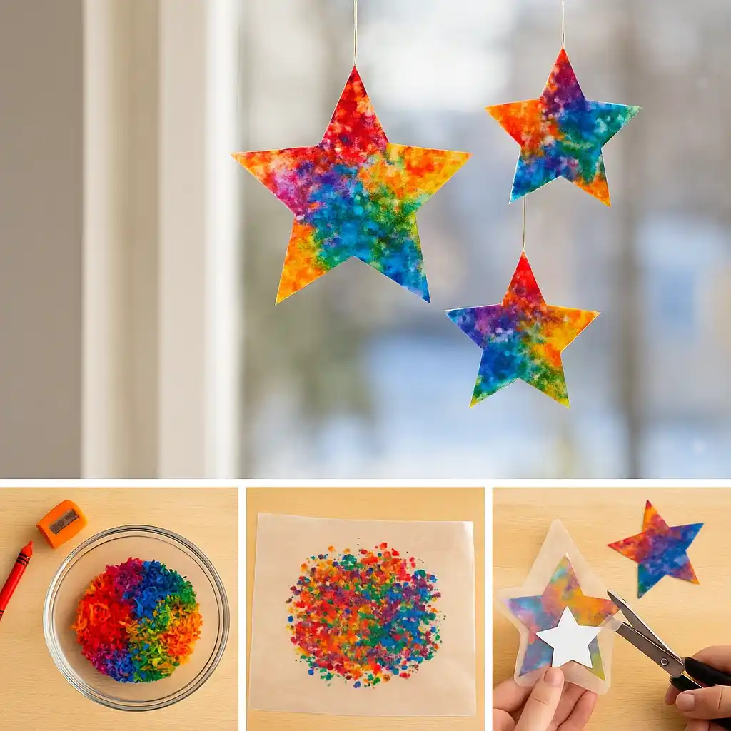 étapes de réalisation de Étoiles Attrape-Soleil en Crayon Fondu