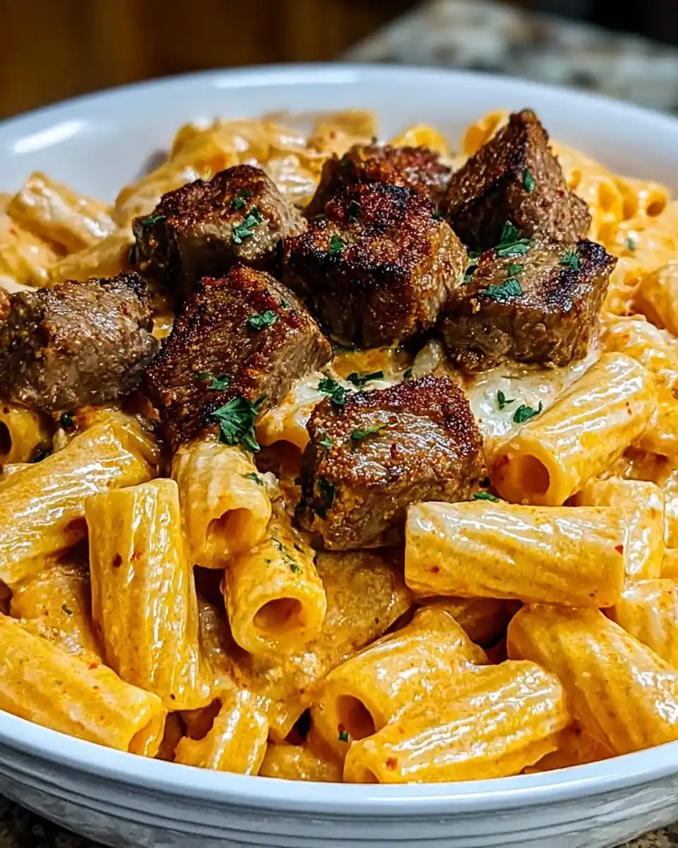 Cajun Steak Tips in Cheesy Rigatoni Parmesan Sauce