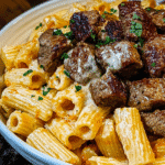Cajun Steak Tips in Cheesy Rigatoni Parmesan Sauce