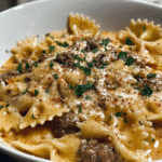 Creamy Parmesan Garlic Beef Bowtie Pasta