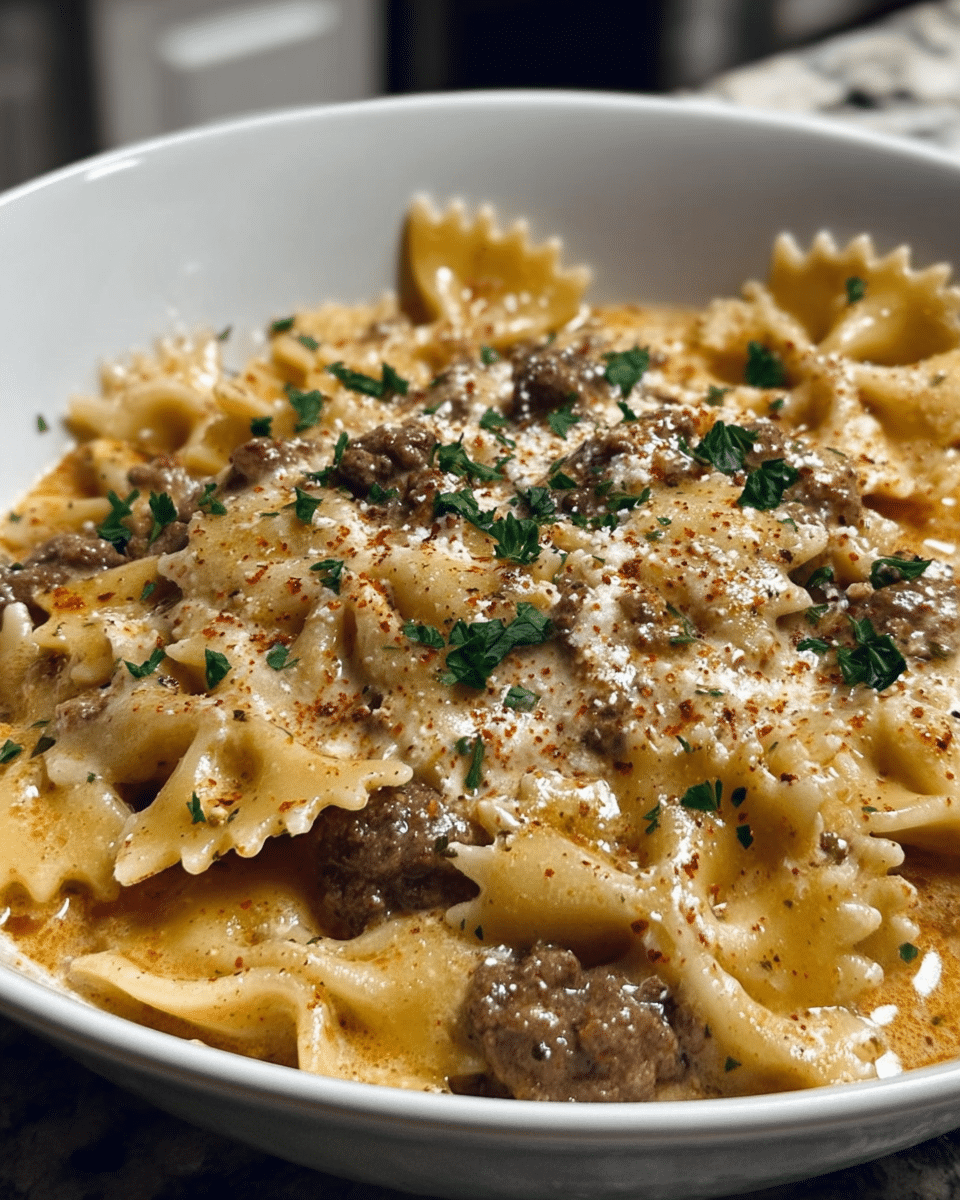 Creamy Parmesan Garlic Beef Bowtie Pasta