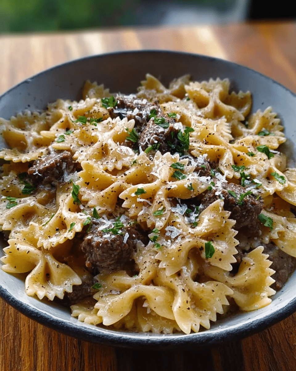 Creamy Parmesan Garlic Beef Bowtie Pasta
