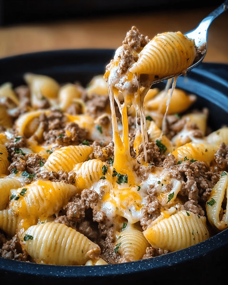 Crockpot Cheesy Ranch Beef Pasta Shells