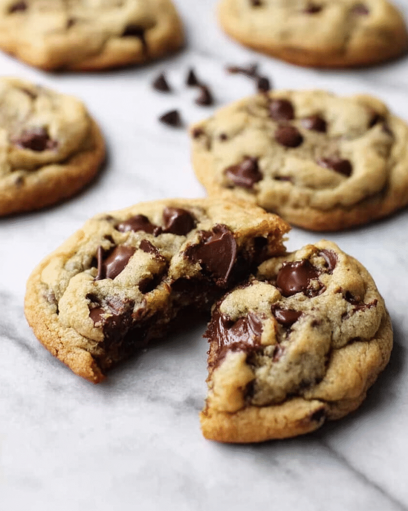 Soft and chewy Chocolate Chip Cookies stacked on a plate, similar to Choc Chip Cookies and Homemade Cookies.