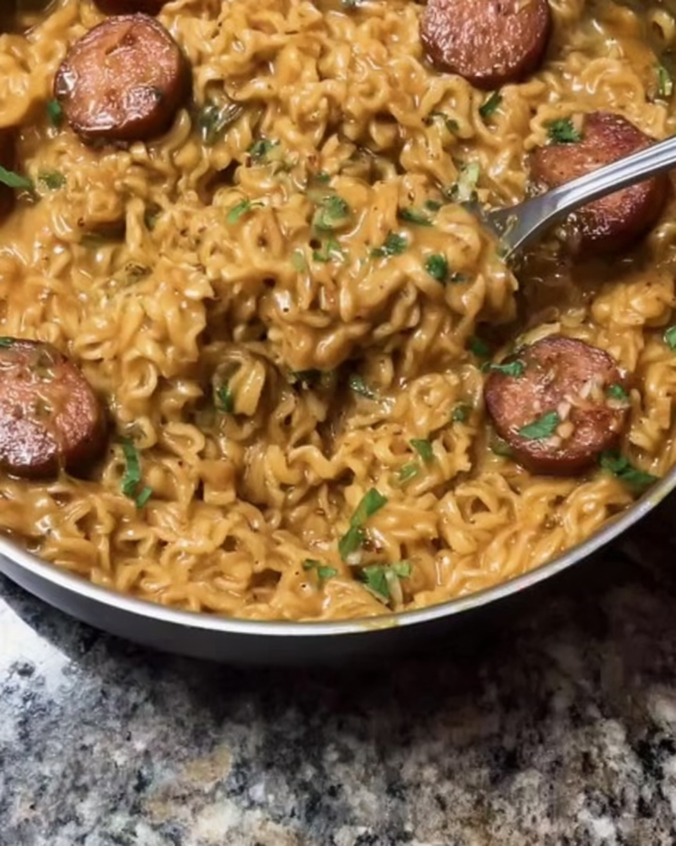 Creamy Spicy Ramen Noodles With Sausage