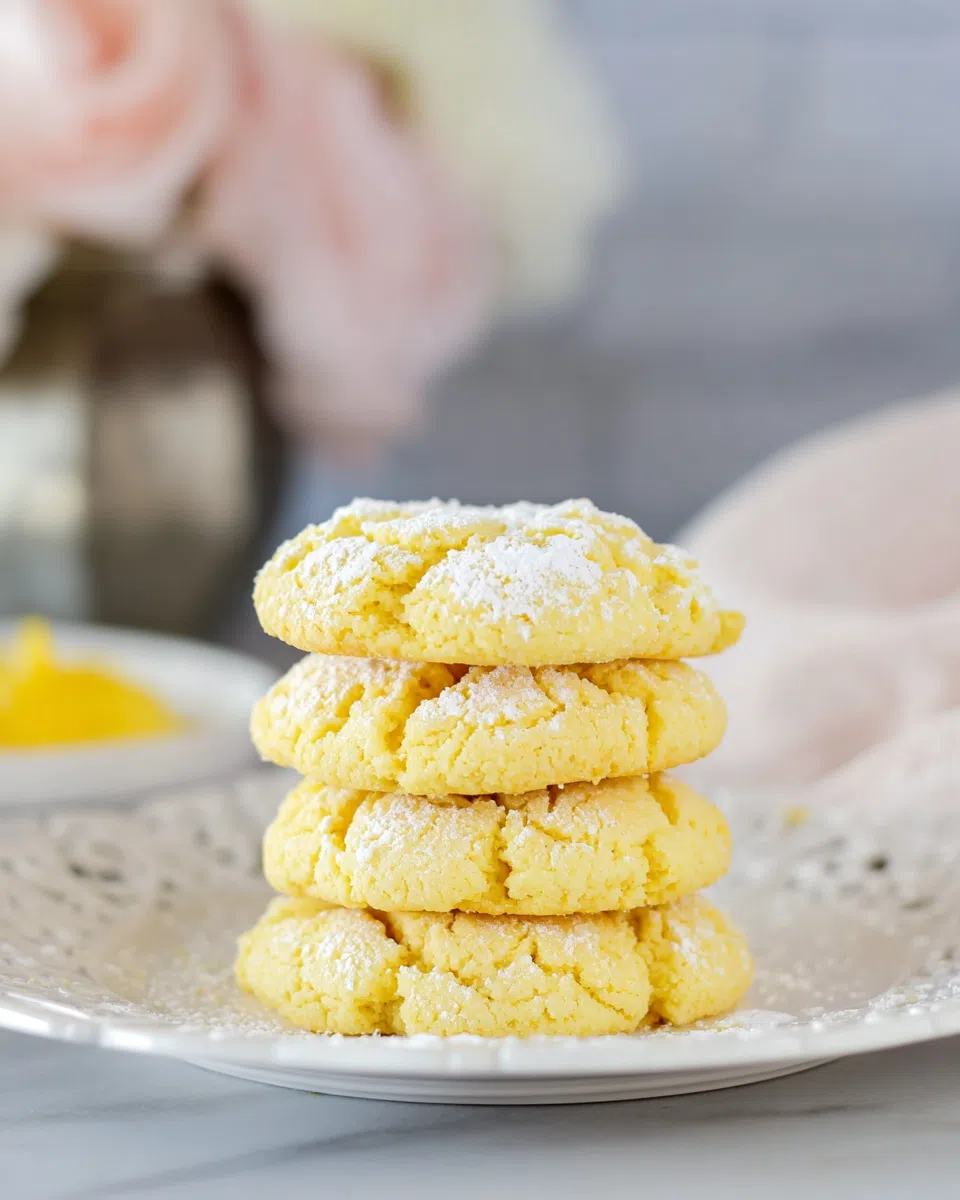Stack of soft, yellow lemon cake mix cookies dusted with powdered sugar, arranged on a white plate with a blurred floral background.