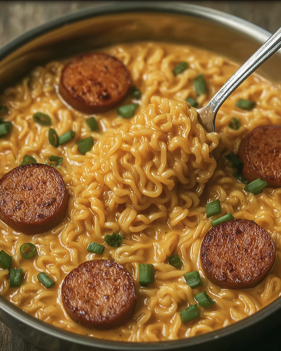 Creamy Spicy Ramen Noodles With Sausage