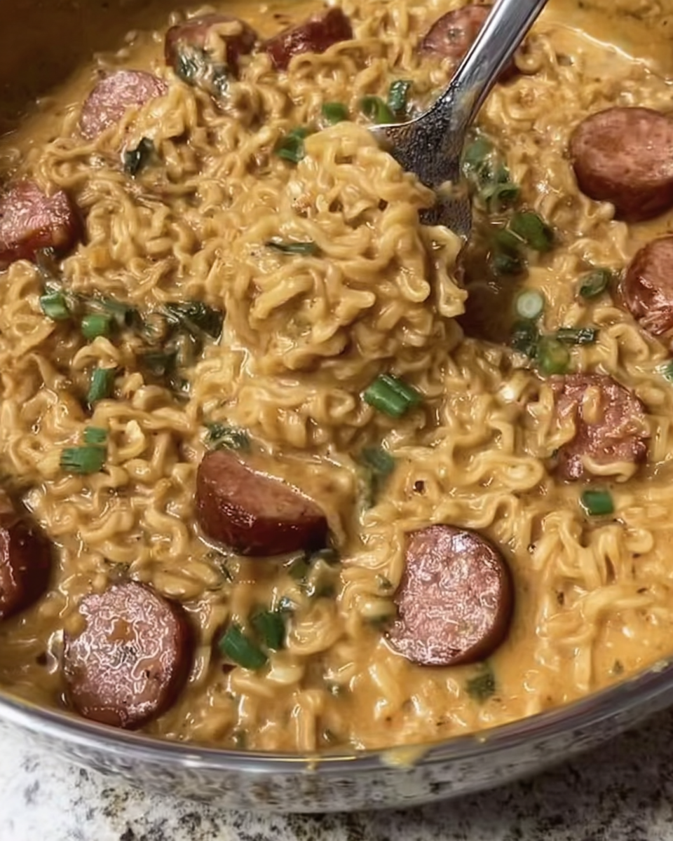 Creamy Spicy Ramen Noodles With Sausage