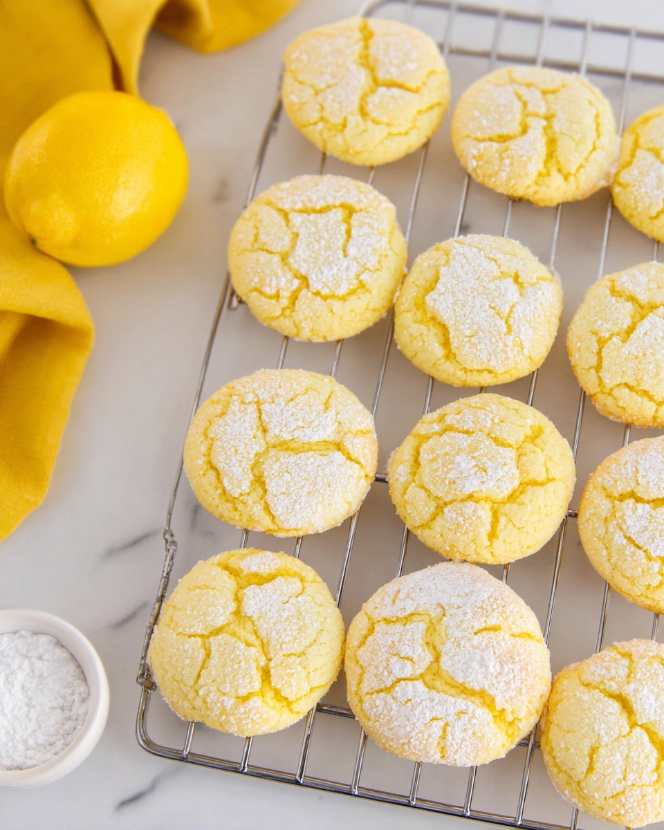 Stack of soft, yellow lemon cake mix cookies dusted with powdered sugar, arranged on a white plate with a blurred floral background.