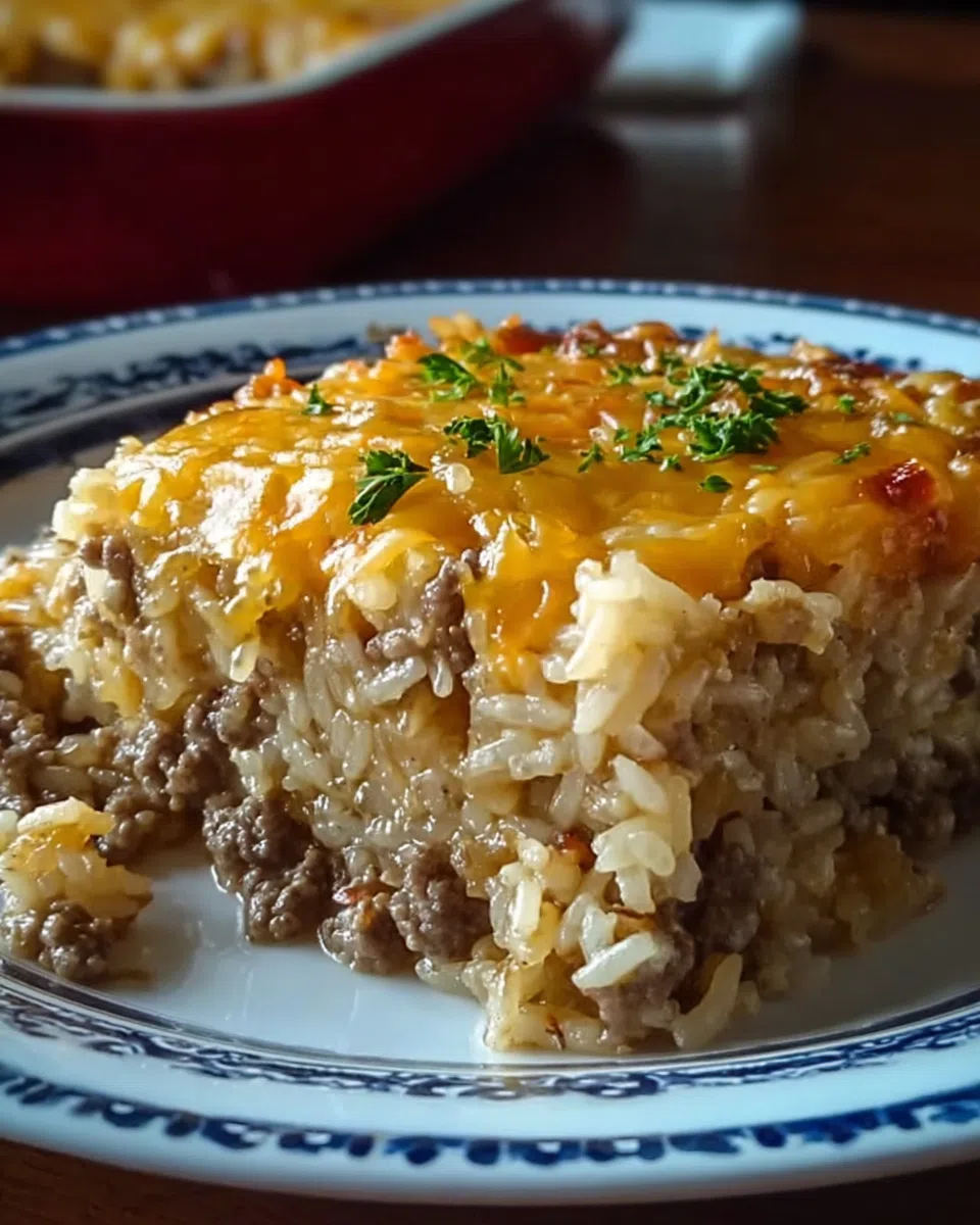 Close-up of creamy cheesy ground beef and rice casserole, similar to hamburger meat and rice recipes easy.