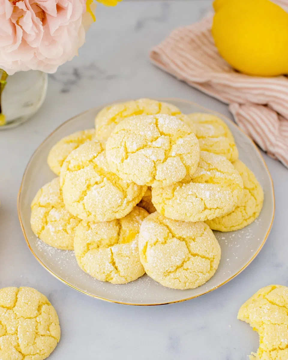 Stack of soft, yellow lemon cake mix cookies dusted with powdered sugar, arranged on a white plate with a blurred floral background.