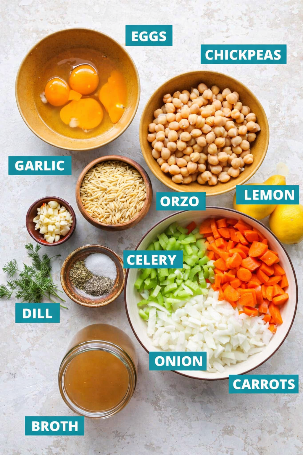 Recipe ingredients in separate bowls with teal labels