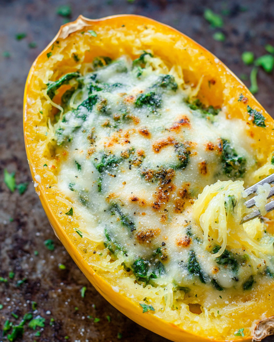 Garlic Parmesan spaghetti squash served creamy and cheesy in a bowl
