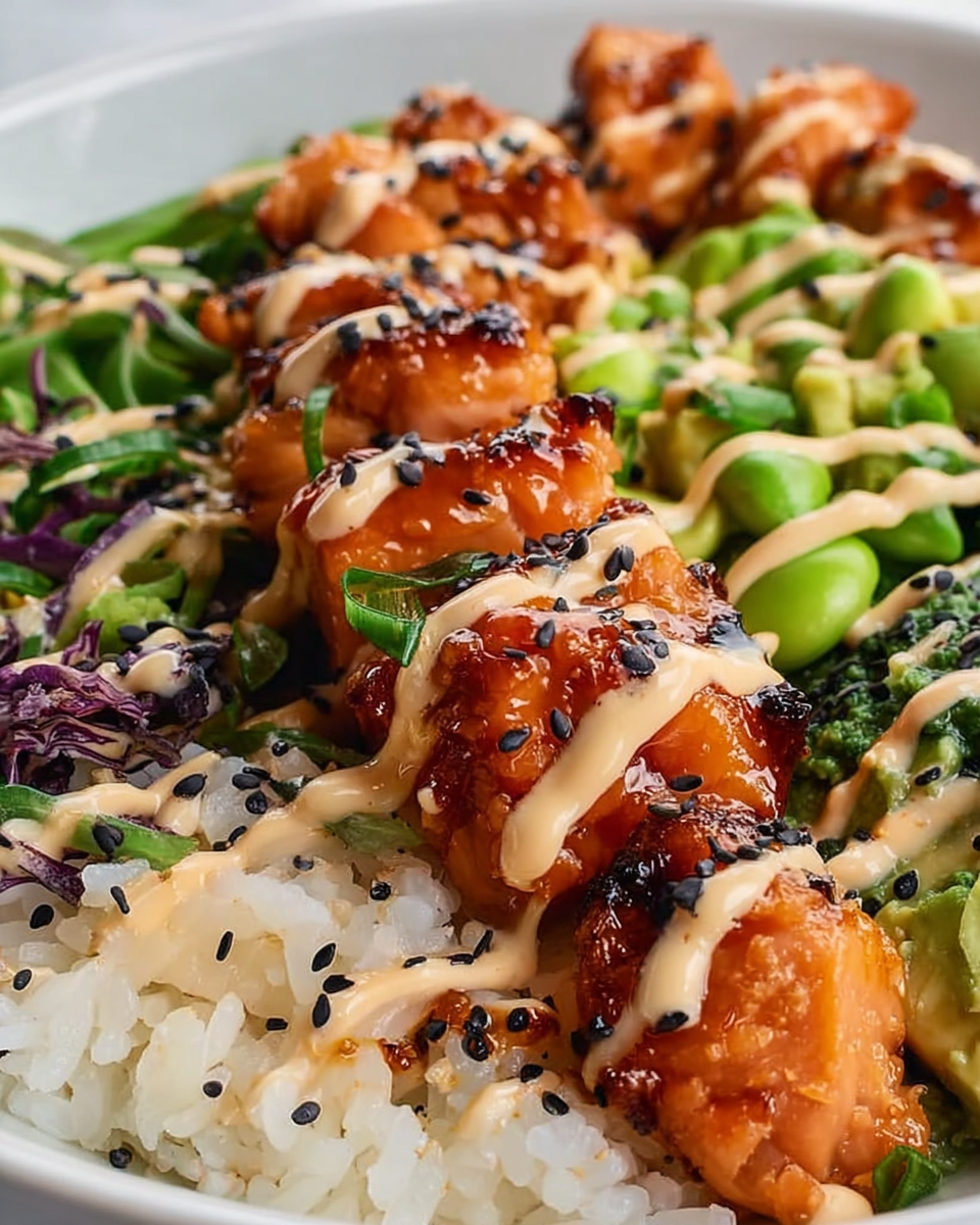 Asian salmon bowl with honey sriracha salmon and fluffy rice