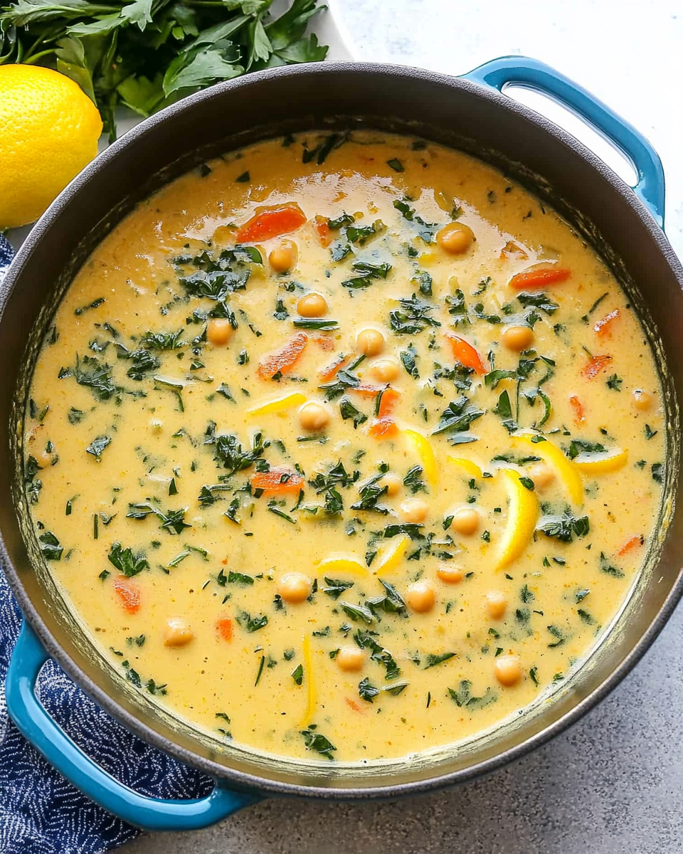 Finished soup in a large blue Dutch oven
