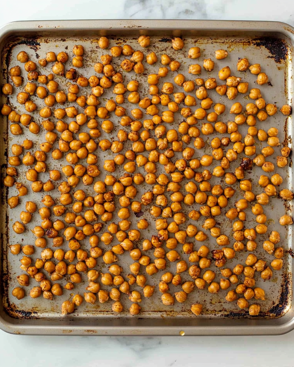 Roasted chickpeas in a baking tray after baking.