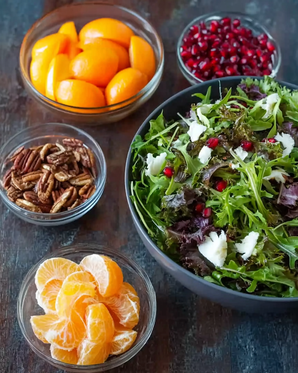 A colorful winter salad recipe with pomegranate, greens, and nuts displayed in a festive salad bowl.