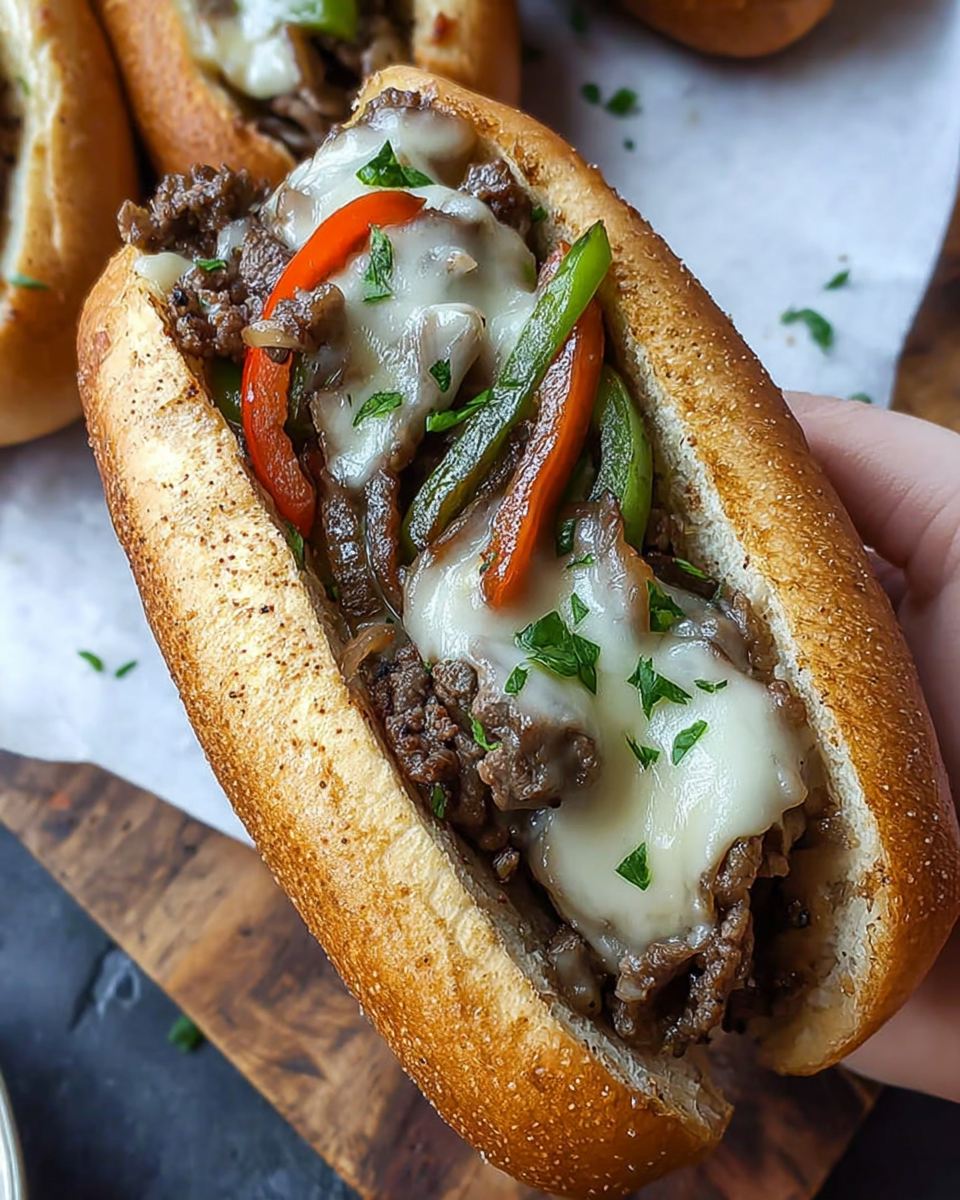 Classic Authentic Philadelphia Cheesesteak with thin-sliced beef and peppers.